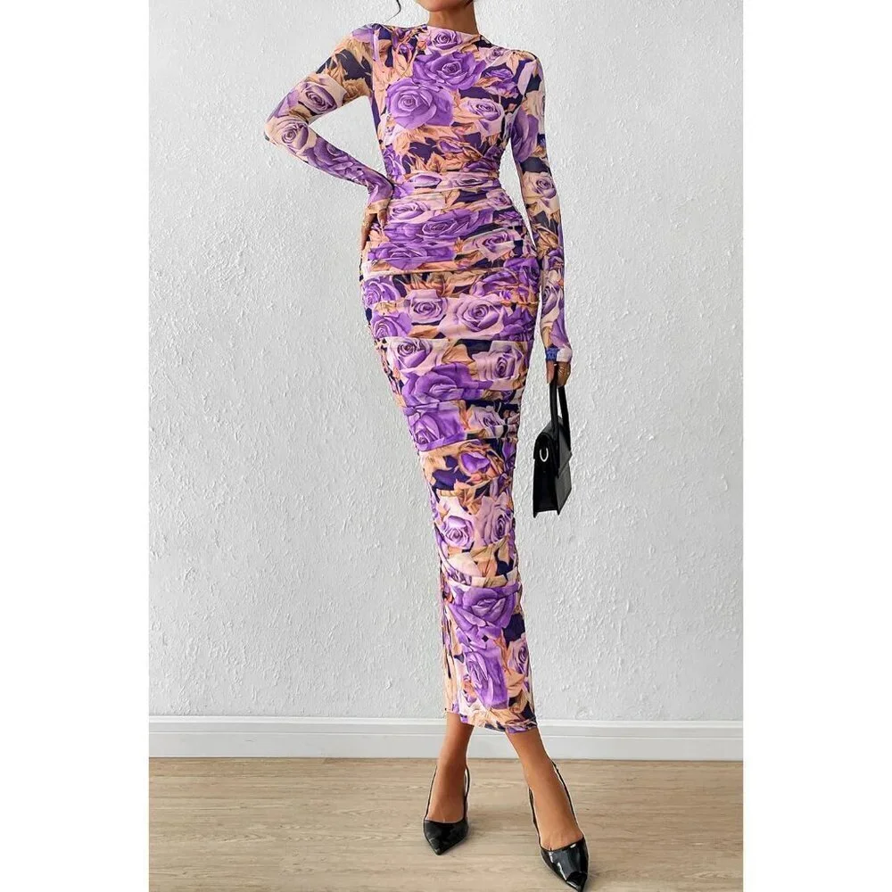 Women's Grey Purple Long Sleeve Spring Ruched Bodycon Floral Mesh Maxi Dress